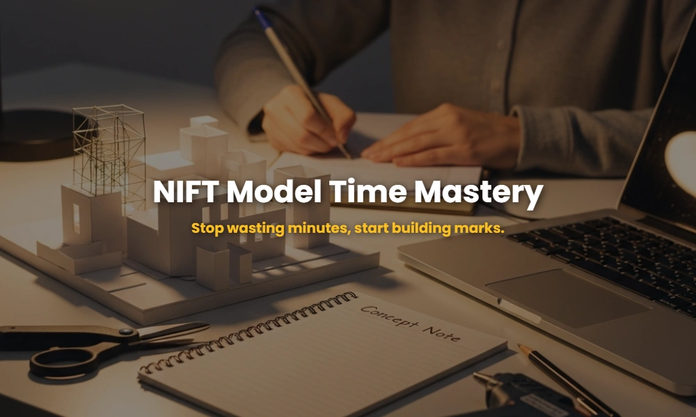 A professional setup for NIFT situation test prep showing a paper model and a concept note.