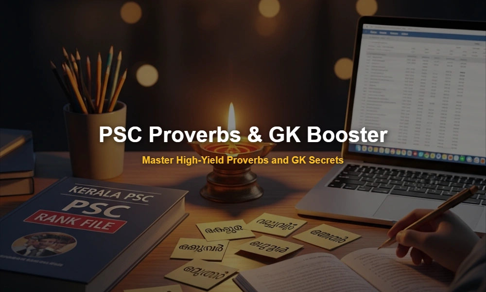 Kerala PSC aspirant study desk with proverbs and GK notes.