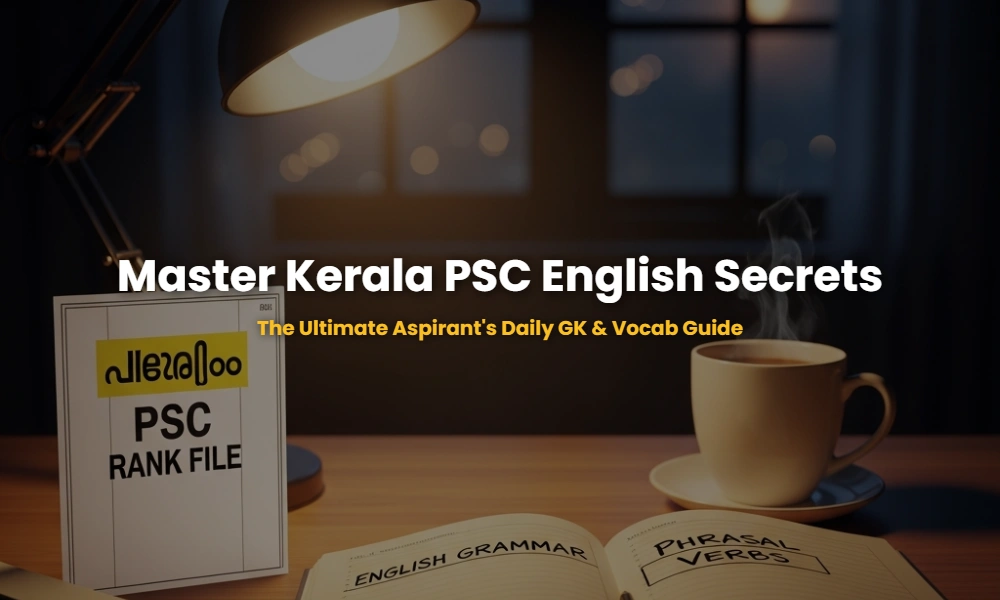 A Kerala PSC aspirant's study table with grammar books and tea under a warm lamp light.