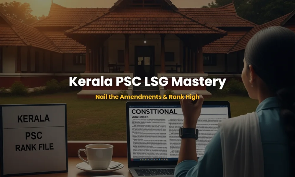 A Kerala PSC aspirant's study desk with a view of a local government building, representing Local Self-Government preparation.