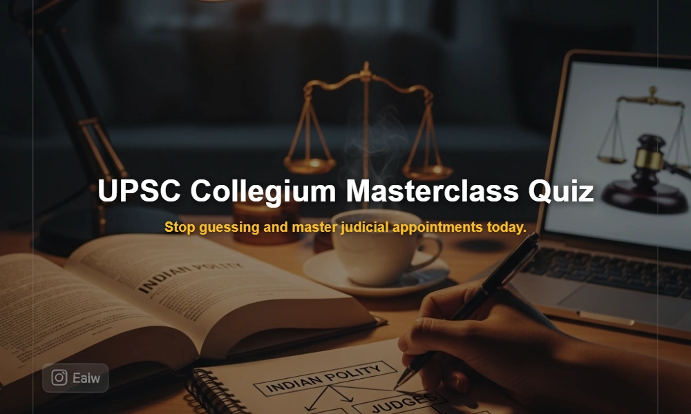 A UPSC aspirant's study desk with polity notes on the Collegium system and judges cases.