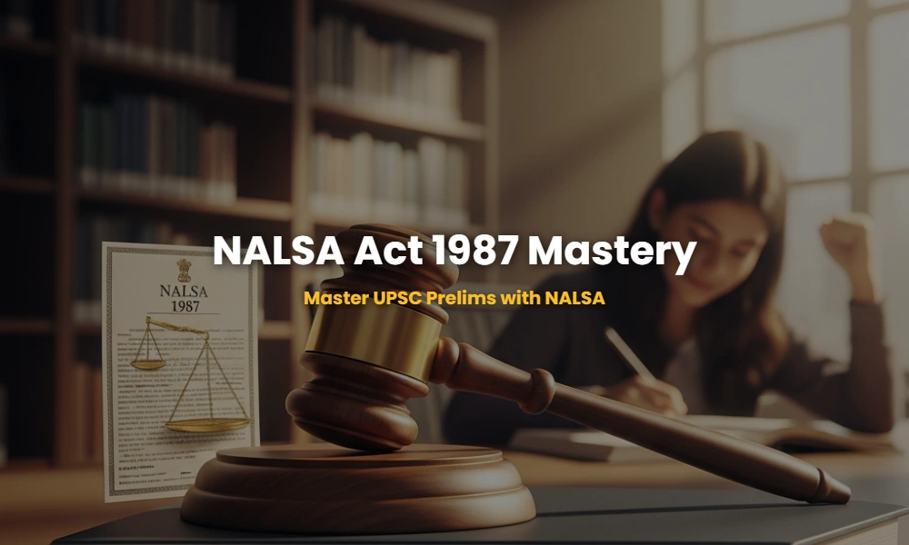 Judge gavel and Indian Constitution book symbolizing NALSA and Legal Services Act 1987 for UPSC prep.