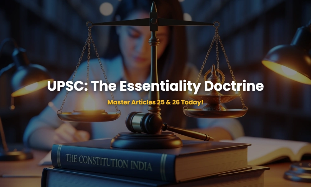 A balance scale weighing a judicial gavel and a religious lamp, representing the Doctrine of Essentiality in Indian law.