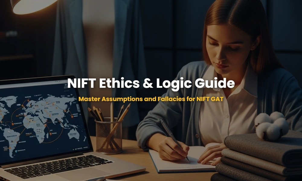A professional study desk for a NIFT aspirant with textile samples and a notebook, symbolizing logical analysis of textile ethics.
