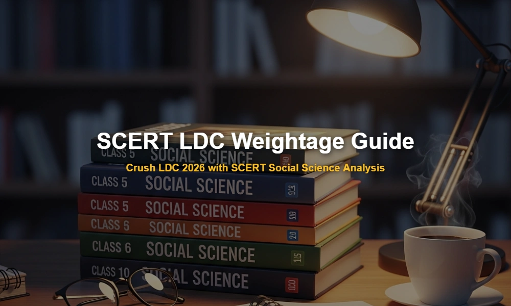 Kerala SCERT Social Science textbooks and study materials for LDC 2026 preparation on a wooden desk.