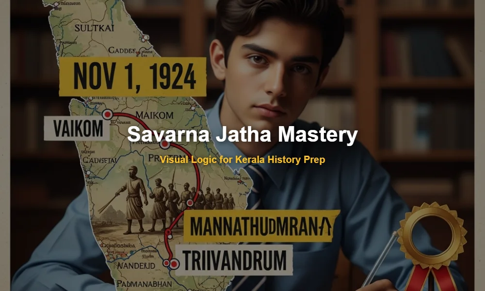 Educational map of the Savarna Jatha route from Vaikom to Trivandrum for Kerala PSC students.