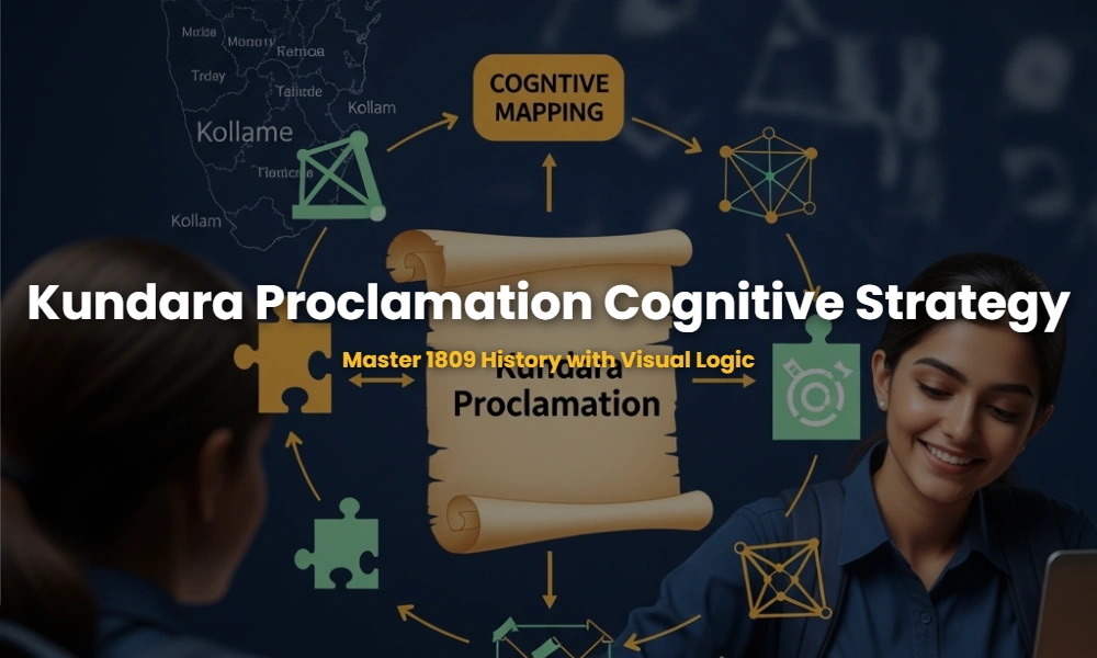 Educational infographic showing the Kundara Proclamation 1809 with cognitive mapping and military strategies for Kerala PSC exam preparation.
