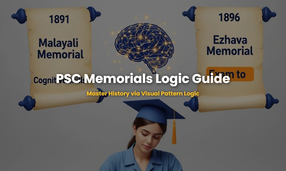 Educational graphic showing the timeline and cognitive mapping of the Malayali and Ezhava Memorials for Kerala PSC exam preparation.