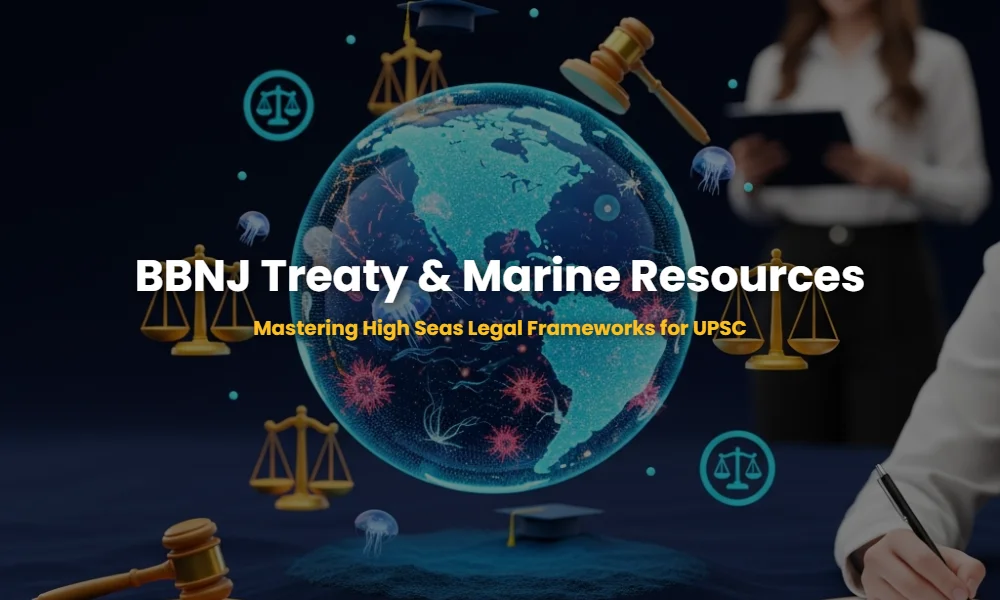 A 3D representation of the BBNJ Treaty and Marine Genetic Resources with a digital globe and legal symbols.