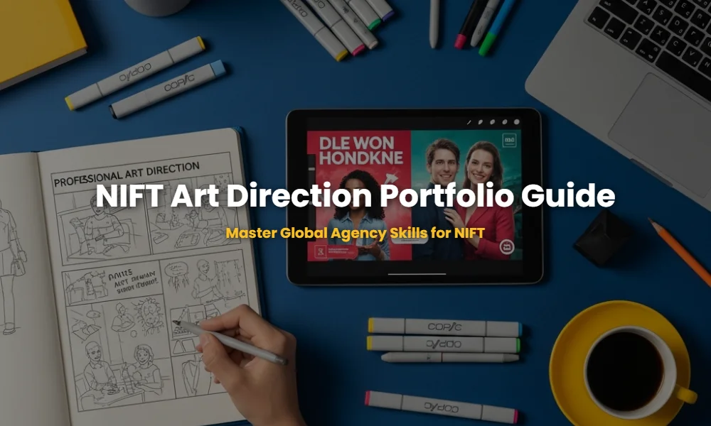 A professional art director's desk showing a mix of traditional sketches and digital tools, representing NIFT preparation and global agency skills.