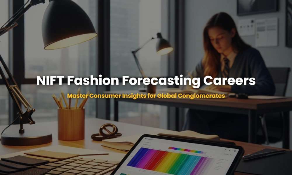 A professional fashion trend forecasting desk with digital trend charts, color palettes, and fabric swatches in a modern office.