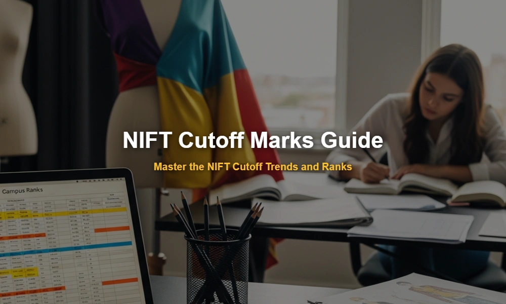 NIFT cutoff marks and campus-wise ranks guide showing a designer's workspace with sketches and a laptop.
