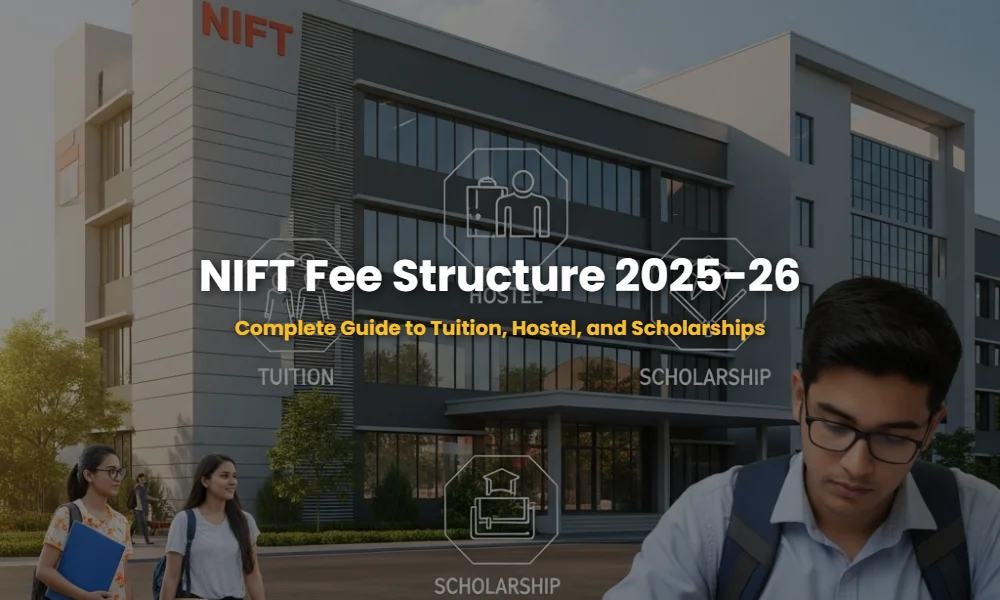 Modern NIFT campus with students, representing the cost and academic life at the National Institute of Fashion Technology.