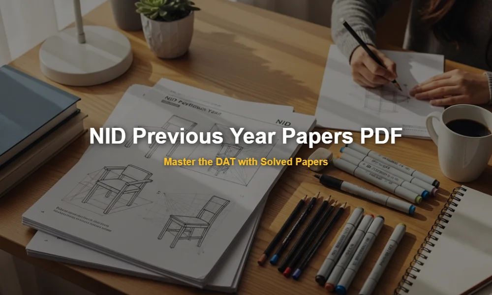 NID previous year question papers on a designer's desk with sketching tools and markers.