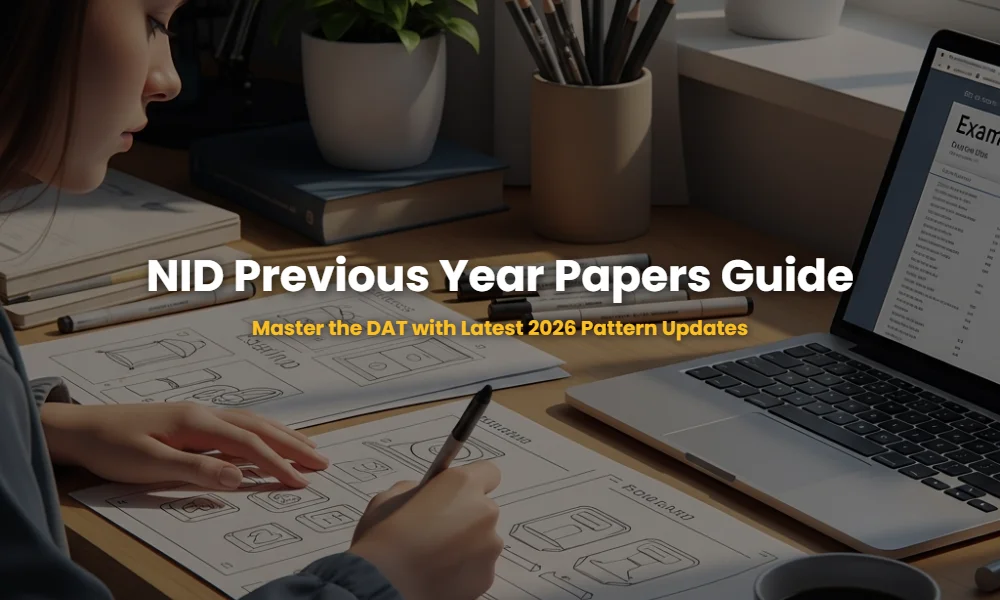 A design aspirant's desk with NID previous year question papers, sketches, and design tools.