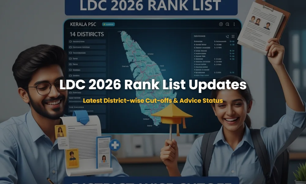 Kerala PSC LDC 2026 Rank List and District-wise Cutoff marks infographic.