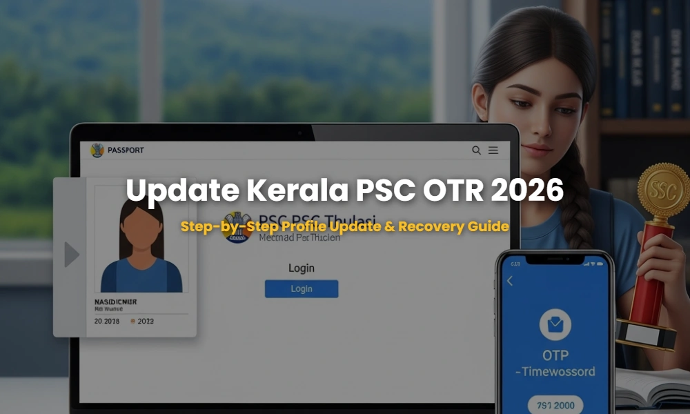 Digital illustration of Kerala PSC OTR profile update process showing photo specs and mobile OTP verification on a laptop.