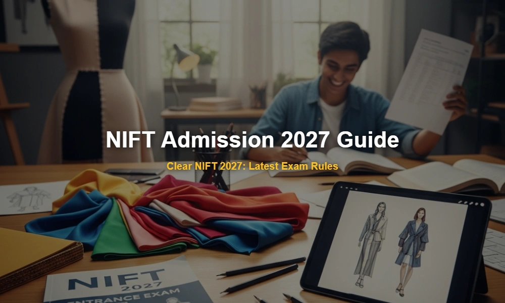 NIFT Admission 2027 complete guidelines and preparation materials including sketches, fabric swatches, and design tools on a professional desk.